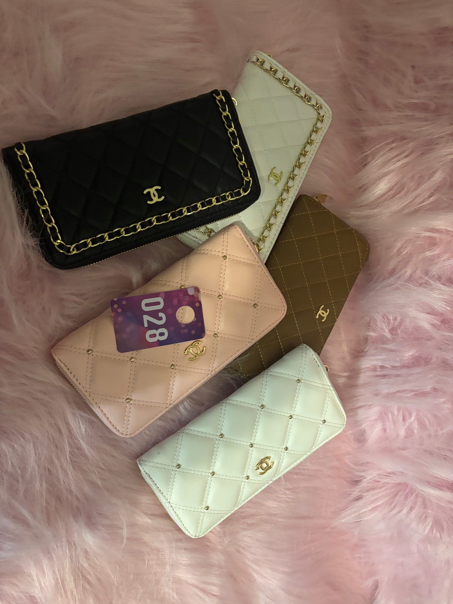 Accessories Wallet 028 — Quilted Leather Long Wallet with Gold CC Logo — 4 Colors
